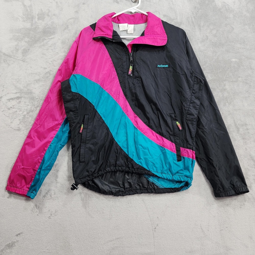 Vintage Hind Jacket Mens M Black Pink Teal 1/4 Zip Windbreaker Colorblock 90s